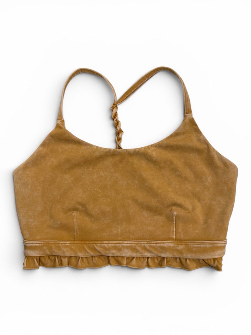 Joy Lab Mustard Velvet Ruffle Sports Bra Braided Straps Acid Wash